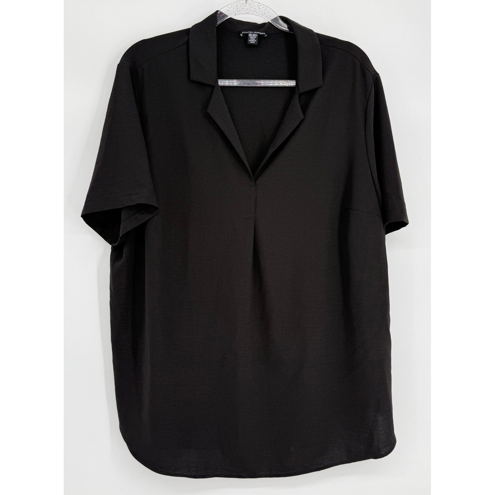 Hilary Radley Womens Sz XXL Black Short Sleeve Notched V-Neck Pleated Blouse Top